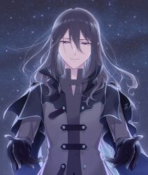 1boy beckoning black_gloves black_hair blue_cape cape closed_mouth double-parted_bangs gloves grey_jacket grey_shirt hair_between_eyes highres imonosato jacket long_hair long_sleeves looking_at_viewer low-tied_sidelocks male_focus pointy_ears purple_eyes shall_fen_shall shirt sky smile solo star_(sky) starry_sky straight-on sugar_apple_fairy_tale upper_body wavy_hair