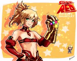 Rule 34 | absurdres, artoria pendragon (all), artoria pendragon (fate), bare shoulders, blonde hair, braid, breasts, character name, chibi, dclaret, fate/apocrypha, fate/grand order, fate (series), green eyes, hair ornament, highres, infinity gauntlet, infinity gems, long hair, looking at viewer, mordred (fate), mordred (fate/apocrypha), navel, parody, ponytail, red scrunchie, saber (fate), scrunchie, smile, snapping fingers, star (symbol), thanos