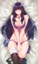 Rule 34 | 1girl, bare hips, bare shoulders, black thighhighs, bow, bow bra, bow panties, bra, breast press, breasts, breasts squeezed together, covering privates, covering crotch, hyuuga hinata, large breasts, lingerie, long hair, looking at viewer, lying, naruto (series), on back, panties, purple bra, purple hair, purple panties, thigh strap, thighhighs, underwear, zucchini