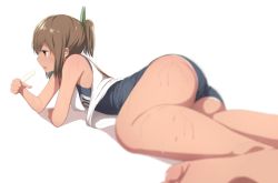 Rule 34 | 10s, 1girl, bare shoulders, barefoot, blurry, brown eyes, brown hair, depth of field, feet, food, fueru nattou, i-401 (kancolle), kantai collection, lying, name tag, on stomach, open mouth, ponytail, popsicle, school swimsuit, short ponytail, solo, sweat, swimsuit, swimsuit under clothes, tan, white background