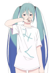 Rule 34 | 1girl, absurdres, bad id, bad pixiv id, blue eyes, blue hair, blue nails, clothes writing, covering own mouth, hair between eyes, half-closed eyes, hatsune miku, highres, long hair, looking at viewer, nail polish, natuich, no pants, shirt, solo, standing, t-shirt, twintails, very long hair, vocaloid, white background