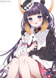 Rule 34 | 1girl, :d, absurdres, asymmetrical sleeves, black coat, black gloves, black hair, blunt bangs, blush, coat, dress, fang, gloves, gradient hair, grey eyes, hat, highres, hololive, hololive english, kaoruru (sakuno2911), long hair, long sleeves, looking at viewer, mismatched sleeves, mole, mole under eye, multicolored coat, multicolored hair, ninomae ina&#039;nis, ninomae ina&#039;nis (party dress), official alternate costume, official alternate hairstyle, open mouth, orange hair, pointy ears, print dress, puffy long sleeves, puffy sleeves, short dress, sidelocks, single glove, sitting, smile, solo, tentacle hair, tilted headwear, two-tone coat, very long hair, virtual youtuber, white coat