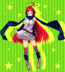 Rule 34 | 1girl, ahoge, arm warmers, boots, colorized, dress, earmuffs, highres, kneehighs, legs, long hair, red eyes, red hair, scarf, sf-a2 miki, socks, solo, star (symbol), striped clothes, striped socks, striped thighhighs, thighhighs, vocaloid, zennmai