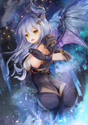 Rule 34 | 1girl, ass, breasts, dragon girl, dragon horns, dragon wings, fang, gloves, highres, horns, large breasts, long hair, looking at viewer, looking back, open mouth, original, se-u-ra, sideboob, silver hair, smile, solo, wings, yellow eyes