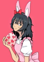 Rule 34 | 1girl, andou (girls und panzer), animal ears, bow, closed mouth, collared shirt, commentary, dark-skinned female, dark skin, dress, easter egg, egg, fake animal ears, food, frilled dress, frills, from side, girls und panzer, hair bow, head tilt, heart, holding, holding egg, holding food, large bow, looking at viewer, medium hair, pink bow, pink dress, puffy short sleeves, puffy sleeves, rabbit ears, red background, red bow, shirt, short sleeves, simple background, smile, solo, standing, white shirt, yawl