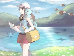 Rule 34 | 1girl, brown hair, creatures (company), day, game freak, gen 1 pokemon, gen 2 pokemon, green (pokemon), hat, hoppip, lake, long hair, marill, nintendo, open mouth, outdoors, pidgey, pokemon, pokemon (creature), red skirt, skirt, sky, squirtle, usanoha