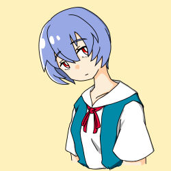Rule 34 | 1girl, artist request, ayanami rei, blue hair, breasts, expressionless, looking at viewer, neon genesis evangelion, red eyes, school uniform, short hair, simple background, small breasts, solo, tokyo-3 middle school uniform