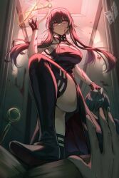 Rule 34 | 1girl, ass, black hair, blood, blood on face, breasts, fingerless gloves, gloves, hairband, high heels, highres, holiday (pangjelly), large breasts, long hair, red eyes, sideburns, spy x family, stepping, thighhighs, thighs, weapon, yor briar