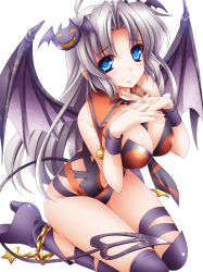 Rule 34 | 1girl, bat (animal), bat wings, black wings, blue hair, blush, boots, breasts, cleavage, demon tail, highres, kneeling, large breasts, leotard, long hair, looking at viewer, monety, original, own hands together, silver hair, smile, solo, star (symbol), tail, wings