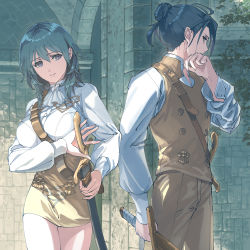 Rule 34 | 1boy, 1girl, arm at side, arm garter, between breasts, blue eyes, breasts, brown pants, buckle, buttons, byleth (female) (fire emblem), byleth (female) (summer wear) (fire emblem), byleth (fire emblem), closed mouth, commentary request, cowboy shot, day, dress, felix hugo fraldarius, felix hugo fraldarius (summer wear), fire emblem, fire emblem: three houses, garreg mach monastery uniform, hair between eyes, hair bun, hair over shoulder, hand on own face, harusame (rueken), high collar, holding, holding sword, holding weapon, large breasts, light smile, long sleeves, looking at another, looking to the side, medium hair, microdress, nintendo, official alternate costume, orange eyes, outdoors, pants, plant, sheath, sheathed, shirt, short hair, shoulder belt, sidelocks, sideways glance, single hair bun, standing, stone wall, strap between breasts, sweat, sword, thighs, uniform, wall, weapon, white shirt, wiping sweat, wooden sword