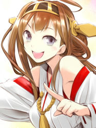 Rule 34 | 10s, 1girl, :d, brown hair, detached sleeves, double bun, hairband, kantai collection, kongou (kancolle), long hair, nontraditional miko, open mouth, pointing, primary stage, purple eyes, smile, solo