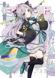 Rule 34 | 1girl, ahoge, animal, animal ears, aqua eyes, arknights, bag, black bow, black jacket, black ribbon, black thighhighs, book, bow, cat, cat ears, cat tail, commission, dress, eru daydream, grey footwear, grey hair, highres, holding, holding bag, infection monitor (arknights), jacket, leg up, light blush, long hair, looking at viewer, mint (arknights), open clothes, open jacket, over-kneehighs, plant, ribbon, shoes, smile, solo, standing, standing on one leg, table, tail, thighhighs, thighs, white dress, yellow bow