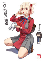 Rule 34 | 2girls, belt, black hair, black socks, blonde hair, blue dress, blue ribbon, bob cut, brown footwear, chibi, chibi inset, collared shirt, commentary request, cosmetics, dated, dress, full body, green ribbon, grey dress, gun, hair ribbon, handgun, highres, holding, holding gun, holding lipstick tube, holding weapon, inoue takina, jpc, lipstick tube, loafers, long hair, looking at viewer, lycoris recoil, lycoris uniform, multiple girls, neck ribbon, nishikigi chisato, open mouth, pleated dress, red belt, red dress, red eyes, red ribbon, revolver, ribbon, school uniform, shirt, shoes, short hair, simple background, socks, solo focus, squatting, teeth, tongue, tongue out, translation request, two-tone dress, upper teeth only, weapon, white background, white shirt