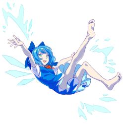 Rule 34 | 1girl, asawa (dm owr), bad id, bad twitter id, barefoot, blue eyes, blue hair, bow, cirno, dress, feet, flying, full body, hair bow, ice, ice wings, looking at viewer, matching hair/eyes, neck ribbon, open mouth, ribbon, shirt, short hair, simple background, smile, solo, touhou, white background, wings