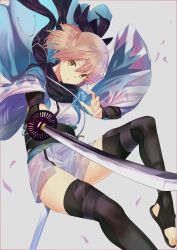 Rule 34 | 1girl, absurdres, ahoge, black bow, black scarf, black thighhighs, blonde hair, blush, bow, breasts, commentary request, fate/grand order, fate (series), hair between eyes, hair bow, highres, holding, holding sword, holding weapon, huge filesize, japanese clothes, jun (aousa0328), katana, kimono, looking at viewer, okita souji (fate), okita souji (koha-ace), scarf, short hair, short kimono, solo, sword, thighhighs, weapon, yellow eyes