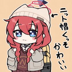Rule 34 | 1girl, blue archive, blue eyes, blush, braid, brown shirt, closed mouth, collared shirt, grey jacket, hair between eyes, halo, hat, highres, jacket, light smile, long hair, long sleeves, maki (blue archive), maki (camp) (blue archive), neshia (tsaqif0309), official alternate costume, official alternate hairstyle, open clothes, open jacket, orange background, red hair, red halo, shirt, simple background, solo, twin braids, white shirt, yellow hat