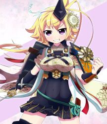 Rule 34 | 1girl, antenna hair, armor, asa no ha (pattern), blonde hair, chrysanthemum, clenched hand, flower, hand up, hat, highres, holding, holding sword, holding weapon, japanese armor, japanese clothes, kote, long hair, low ponytail, oomihara, open mouth, orange-bird, out of frame, purple eyes, short sleeves, shoulder armor, solo, sword, tate eboshi, teeth, tenka hyakken, v-shaped eyebrows, weapon
