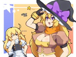 Rule 34 | 2girls, ahoge, apron, black dress, black gloves, blonde hair, blue bow, bow, braid, breasts, brown jacket, buttons, cleavage, crossover, dress, ember celica (rwby), fingerless gloves, flat chest, frilled dress, frills, gloves, hair between eyes, hair bow, hat, hat bow, highres, jacket, juliet sleeves, kirisame marisa, large breasts, long hair, long sleeves, look-alike, midriff, multiple girls, orange scarf, puffy short sleeves, puffy sleeves, purple bow, purple eyes, rwby, scarf, shirt, short sleeves, spideyhog, strapless, touhou, trait connection, tube top, waist apron, wavy hair, white bow, witch hat, yang xiao long, yellow eyes, yellow shirt