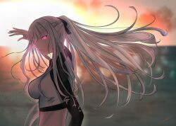 Rule 34 | 1girl, absurdres, ak-12 (age of slushies) (girls&#039; frontline), ak-12 (girls&#039; frontline), arm up, blurry, blurry background, braid, breasts, commentary, french braid, from side, gincho, girls&#039; frontline, glowing, glowing eye, hair ribbon, highres, long hair, long sleeves, looking at viewer, medium breasts, official alternate costume, one-piece swimsuit, open mouth, parted lips, ponytail, purple eyes, ribbon, sideboob, solo, sunlight, swimsuit, upper body, white hair, white one-piece swimsuit