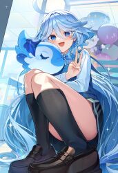 Rule 34 | 1girl, blue eyes, blue hair, drop-shaped pupils, furina (genshin impact), genshin impact, highres, light blue hair, long hair, long sleeves, looking at viewer, open mouth, pine (angel4195202), smile, solo, symbol-shaped pupils