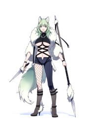 Rule 34 | 1girl, alternate costume, animal ears, bad id, bad twitter id, between breasts, boots, breasts, brown footwear, byleth (female) (fire emblem), byleth (fire emblem), clovisxvii, coat, covered erect nipples, crop top, dagger, denim, fire emblem, fire emblem: three houses, fishnet pantyhose, fishnets, full body, fur coat, green eyes, green hair, halloween, high heel boots, high heels, highres, jeans, knee boots, knife, looking at viewer, medium breasts, medium hair, midriff, navel, nintendo, pants, pantyhose, polearm, simple background, solo, spear, standing, strap between breasts, torn clothes, torn jeans, torn pants, turtleneck, underboob, weapon, white background, wristband