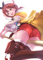 Rule 34 | 1girl, :d, atelier (series), atelier ryza, atelier ryza 1, brown eyes, brown hair, brown thighhighs, commentary request, hat, highres, jugatukumao, looking at viewer, open mouth, red shorts, reisalin stout, short hair, short shorts, shorts, simple background, smile, solo, teeth, thighhighs, thighs, upper body, white background, white hat, white thighhighs