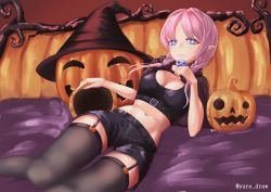 Rule 34 | 1girl, alternate costume, arknights, black shirt, black shorts, black thighhighs, blue eyes, blue poison (arknights), braid, breasts, cleavage, commentary request, crop top, feet out of frame, garter belt, hand up, hazane yure, jack-o&#039;-lantern, long hair, medium breasts, midriff, navel, pink hair, pointy ears, shirt, short shorts, short sleeves, shorts, solo, stomach, thighhighs, twin braids