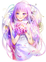 Rule 34 | 1girl, blush, copyright name, dress, female focus, flower, hanamura mai, happy, long hair, official alternate costume, pink hair, plant, purple eyes, smile, solo, sophie (tales), tales of (series), tales of graces, very long hair, white background