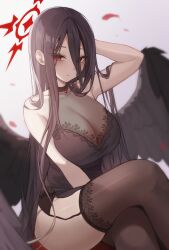 Rule 34 | 1girl, 1yu x, absurdres, black dress, black hair, black thighhighs, black wings, blue archive, blush, breasts, cleavage, closed mouth, crossed legs, dress, feathered wings, feet out of frame, halo, hasumi (blue archive), highres, large breasts, long hair, looking at viewer, mole, mole under eye, red eyes, red halo, sitting, sleeves past wrists, solo, thighhighs, very long hair, wings