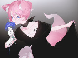 1girl animal_ears black_dress blue_eyes blue_nails clothes_lift collarbone commission dress dress_lift flower gloves gradient_background grey_background hair_between_eyes hizuki_rurufu holding holding_flower lifting_own_clothes looking_at_viewer nail_polish nilitsu parted_lips pink_hair sideways_glance skeb_commission snack_nili solo tail virtual_youtuber white_gloves wolf_ears wolf_girl wolf_tail