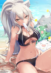 Rule 34 | absurdres, adapted costume, alternate costume, animal ears, beach, food, food on body, food on breasts, hair between eyes, hand under clothes, highres, hololive, nemu iine, popsicle, shishiro botan, silver hair, ssrb (shishiro botan), swimsuit, tail, virtual youtuber