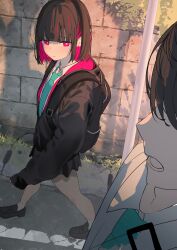 Rule 34 | 1boy, 1girl, 38 (sanjuuhachi), backpack, bag, black bag, black footwear, black hair, black jacket, black skirt, bright pupils, colored inner hair, faceless, faceless male, full body, green necktie, highres, jacket, light blush, looking at another, medium hair, mole, mole under eye, multicolored hair, necktie, original, outdoors, pink hair, road, shade, shirt, shoes, skirt, sleeves past wrists, solo focus, streaked hair, sweatdrop, two-tone hair, walking, white pupils, white shirt