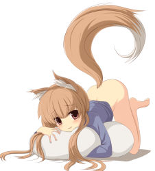 Rule 34 | 00s, 1girl, animal ears, ass, barefoot, blush, bottomless, brown hair, full body, holo, hugging object, long hair, looking at viewer, miko machi, pillow, pillow hug, red eyes, simple background, smile, solo, spice and wolf, tail, top-down bottom-up, white background, wolf ears, wolf tail