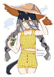 Rule 34 | 1girl, alternate costume, alternate hairstyle, animal ears, bare arms, bare shoulders, black hair, braid, breasts, choker, cropped legs, cup, drinking straw, ears through headwear, hair between eyes, hand on headwear, hat, holding, holding cup, horse ears, horse girl, horse tail, long hair, maitake umai, manhattan cafe (umamusume), midriff, open mouth, shirt, shorts, small breasts, smile, solo, straw hat, tail, translation request, twin braids, umamusume, yellow eyes, yellow shirt, yellow shorts