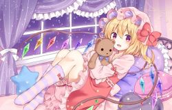 Rule 34 | 1girl, bed, blonde hair, bloomers, bow, commentary request, curtains, dress, flandre scarlet, full body, hair between eyes, hat, holding, holding stuffed toy, kure~pu, long sleeves, looking at viewer, lying, mob cap, on back, open mouth, pillow, red bow, red dress, red eyes, ribbon, short hair, socks, solo, star-shaped pillow, star (symbol), striped clothes, striped legwear, striped socks, stuffed animal, stuffed toy, teddy bear, touhou, underwear, white ribbon, window, wings