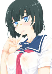 Rule 34 | 10s, 1girl, bad id, bad pixiv id, black hair, blue eyes, blush, breasts, covered erect nipples, finger to mouth, glasses, green hair, haruchika, highres, itou ayachi, lips, looking at viewer, no bra, school uniform, see-through, serizawa naoko, short hair, smile, solo, upper body