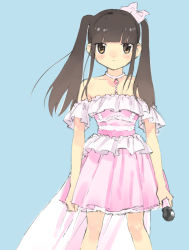 Rule 34 | 1girl, brown hair, commentary request, dress, highres, microphone, pink dress, real life, sleeveless, sleeveless dress, solo, south mori, strapless, strapless dress, tamura yukari, twintails