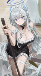 Rule 34 | 1girl, absurdres, alternate costume, arm support, black dress, blue archive, blush, breasts, cleavage, closed mouth, dress, enmaided, grey hair, halo, highres, holding, indoors, large breasts, long hair, looking at viewer, maid, maid headdress, mechanical halo, noa (blue archive), purple eyes, renn 01, solo