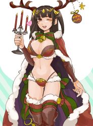 Rule 34 | 1girl, bikini, black hair, boots, breasts, brown eyes, brown thighhighs, cape, christmas, cleavage, fire emblem, fire emblem awakening, fire emblem heroes, large breasts, long hair, looking at viewer, navel, nintendo, one eye closed, open mouth, red thighhighs, santa costume, smile, smili, solo, swimsuit, tharja (fire emblem), tharja (winter) (fire emblem), thighhighs, thighhighs under boots, thighs, tiara, tnmrdgr, two side up, white background