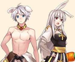 Rule 34 | 1boy, 1girl, :o, animal ears, arch bishop (ragnarok online), belt, black belt, blue eyes, breasts, championship belt, cleavage, cleavage cutout, clothes around waist, clothing cutout, commentary request, cross, dog ears, dress, grey hair, jewelry, kiribox, long hair, looking at viewer, medium breasts, necklace, nipples, open mouth, rabbit ears, ragnarok online, red eyes, sash, shirt, shirt around waist, short hair, simple background, sura (ragnarok online), topless male, two-tone dress, upper body, white dress, white shirt, yellow background, yellow sash