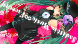 Rule 34 | 1girl, copyright name, dress, gears, green hair, hat, hatsune miku, headset, highres, kuroru, long hair, project diva, project diva (series), project diva f, red eyes, sadistic music factory (vocaloid), solo, tattoo, thighhighs, twintails, very long hair, vocaloid, wink