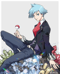 Rule 34 | 1boy, belt, belt buckle, black jacket, blue eyes, blue hair, buckle, closed mouth, collared shirt, commentary request, creatures (company), crystal, from side, game freak, gem, goro orb, highres, jacket, jewelry, long sleeves, looking at viewer, male focus, necktie, nintendo, pants, poke ball, poke ball (basic), pokemon, pokemon oras, red necktie, ring, shirt, short hair, sitting, smile, solo, spiked hair, steven stone, vest, white shirt