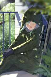Rule 34 | 1girl, :d, absurdres, ahoge, anti-materiel rifle, barrett m82, black gloves, blurry, blurry foreground, commentary request, copyright request, depth of field, feet out of frame, ghillie suit, gloves, gradient hair, green eyes, green hair, grey hair, gun, has bad revision, has downscaled revision, highres, hood, hood up, long hair, long sleeves, looking at viewer, md5 mismatch, mimura zaja, multicolored hair, open mouth, railing, resolution mismatch, rifle, scope, sitting, smile, sniper rifle, solo, source smaller, teeth, upper teeth only, virtual youtuber, weapon, weapon request