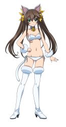 Rule 34 | 10s, 1girl, animal costume, animal ears, boots, bra, breasts, brown hair, cat costume, cat ears, cat tail, cleavage, full body, fur-trimmed boots, fur boots, fur trim, green eyes, hair ribbon, hand on own hip, highres, huang lingyin, infinite stratos, long hair, looking at viewer, navel, panties, ribbon, side-tie panties, small breasts, smile, solo, tail, thigh boots, thighhighs, transparent background, twintails, underwear, white bra, white footwear, white panties, white thighhighs, yellow ribbon