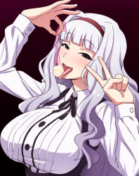 Rule 34 | 1girl, black ribbon, blank eyes, blunt bangs, blush, breasts, collared shirt, condom, cum, gradient background, hairband, half-closed eyes, hands up, holding, holding condom, idolmaster, idolmaster (classic), large breasts, long hair, long sleeves, looking at another, neck ribbon, open mouth, red background, red hairband, ribbon, shijou takane, shirt, solo, tedain, tongue, tongue out, upper body, used condom, v, white hair, white shirt, wing collar