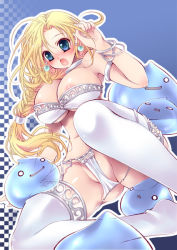 Rule 34 | 1girl, ass, bianca (dq5), blonde hair, blue eyes, blush, bra, bracelet, braid, breasts, cleavage, dragon quest, dragon quest v, earrings, hair over shoulder, jewelry, kotoji, large breasts, lingerie, long hair, nipple slip, nipples, non-web source, open mouth, panties, single braid, slime (creature), slime (dragon quest), solo, surprised, thighhighs, underwear, underwear only