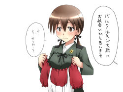 Rule 34 | 1girl, brown eyes, brown hair, dirndl, german clothes, gertrud barkhorn, hair ribbon, isosceles triangle (xyzxyzxyz), military, military uniform, official alternate costume, ribbon, solo, strike witches, translated, twintails, uniform, world witches series