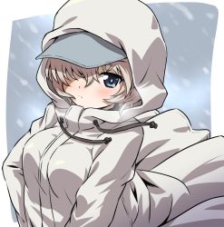Rule 34 | 1girl, baseball cap, blue eyes, blue hat, blush, closed mouth, coat, commentary, drawstring, frown, girls und panzer, hair over one eye, hat, highres, hood, hood up, hooded coat, inoue kouji, long sleeves, looking at viewer, outside border, short hair, silver hair, snowing, solo, white coat, wind, youko (girls und panzer)