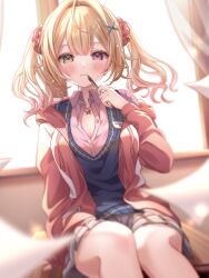 Rule 34 | 1girl, :3, blonde hair, blue sweater vest, blush, breasts, cleavage, collared shirt, curtains, day, hair ornament, heterochromia, highres, holding, holding pen, hoshikawa sara, indoors, jacket, large breasts, long hair, looking at viewer, medium breasts, meme (mm ta mm), nijisanji, open clothes, open jacket, partially unbuttoned, pen, pink jacket, pink shirt, plaid, plaid skirt, pleated skirt, red eyes, school uniform, shirt, sitting, skirt, solo, sweater vest, twintails, virtual youtuber, window, x hair ornament, yellow eyes