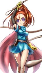 Rule 34 | 1girl, arm warmers, barbara (dq6), blue dress, brown hair, cape, dragon quest, dragon quest vi, dress, earrings, feet out of frame, from behind, gloves, gluteal fold, high ponytail, highres, jewelry, looking at viewer, pink cape, pov, purple eyes, simple background, smile, solo, whip, white background, yellow gloves, zakkin (zakkinman)